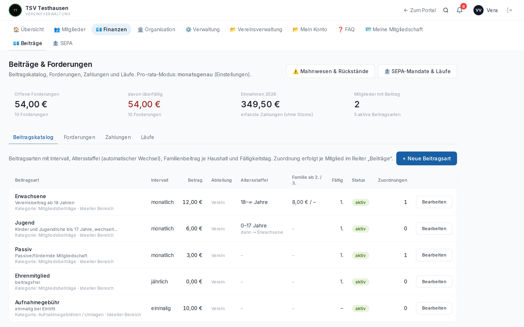 Screenshot: Vereinsverwaltung: Beiträge & SEPA